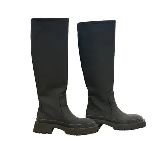 Zara Flat Rubberized Black Over the Knee Boots - Picture 1 of 4